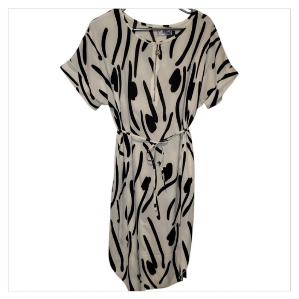 Cherie Bliss Abstract Black White Midi Dress Zip Front Office L - Picture 3 of 6